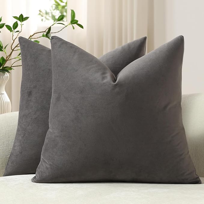 Throw Pillow Covers 20x20 Dark-Grey: 2 Pack Cozy Soft Velvet Square Decorative Pillow Cases for Farmhouse Home Decor