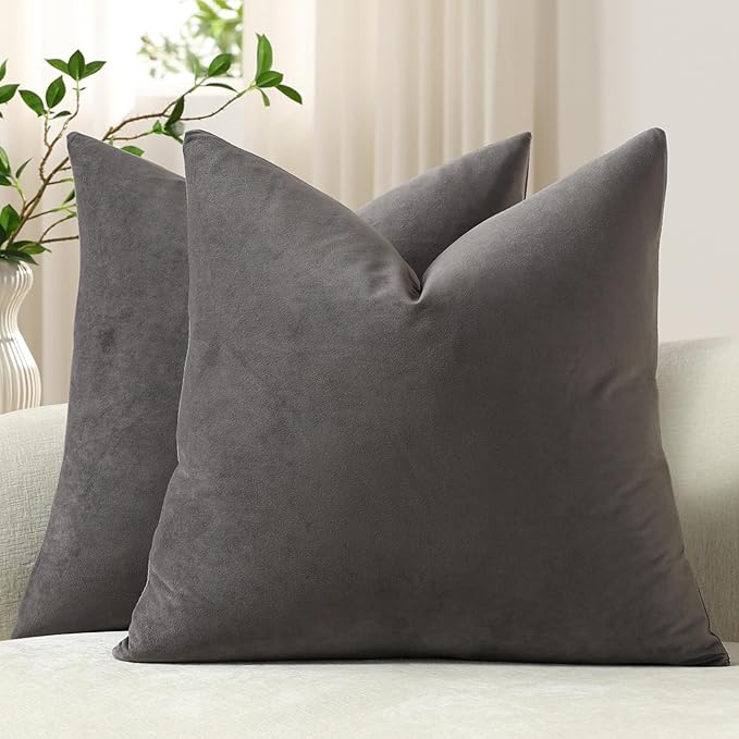 Euro Sham Covers 24x24 Dark-Grey: Pack of 2 Cozy Soft Velvet Square Modern Luxury Decorative Throw Pillow Cases for Sofa Couch Living Room Bed Home Decor