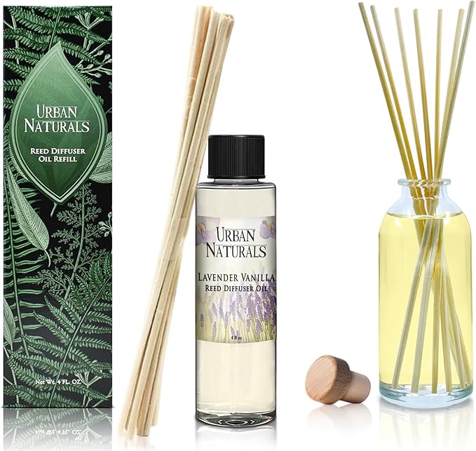 Urban Naturals Lavender Vanilla Scented Oil Reed Diffuser Refill and Reed Sticks – Lavender Blossom, Creamy Vanilla, White Woods and Sugared Musk, 4 oz (2 Pack)