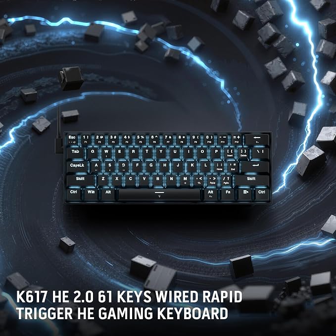 Redragon K617 HE Wired Hall-Effect Rapid Trigger Magnetic Gaming Keyboard | 8K Polling Adjustable Actuation, 61 Keys Design for More Room to Aim, Swap-Ready Socket for Mod, RGB Pro Software Supported