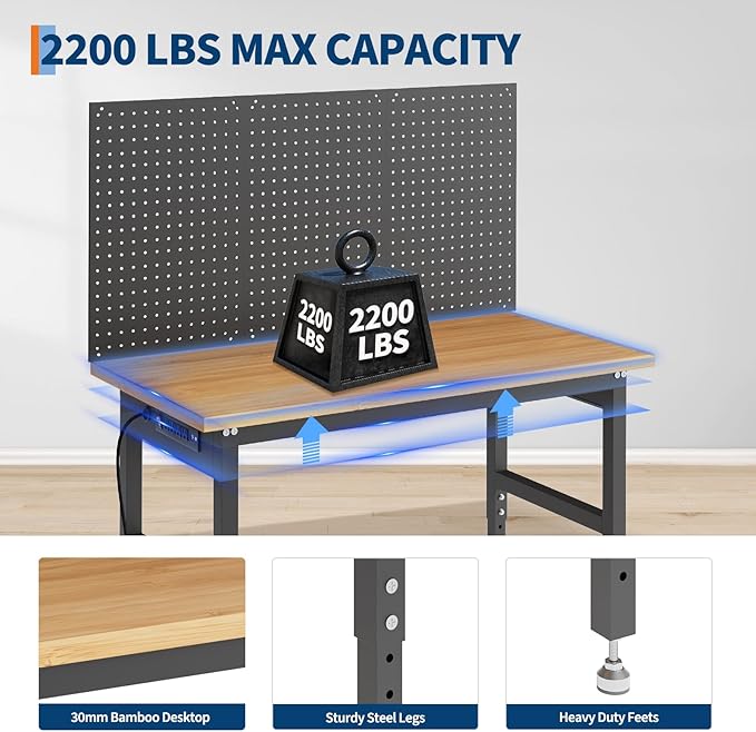 60" Heavy Duty Adjustable Workbench with Pegboard,2000 LBS Capacity Wood Work Table for Woodworking Shop, Garage, Home