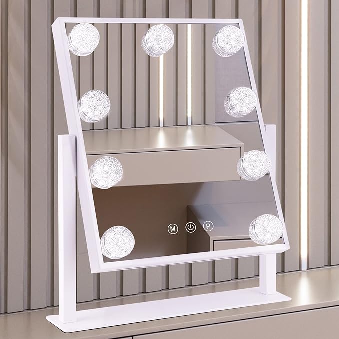 Vanity Mirror with Lights, Hollywood Lighted Makeup Mirror with 3 Color Modes and 9 Dimmable Diamond LED Light Bulbs, Detachable 10X Magnification, 360° Rotation, Touch Control, White