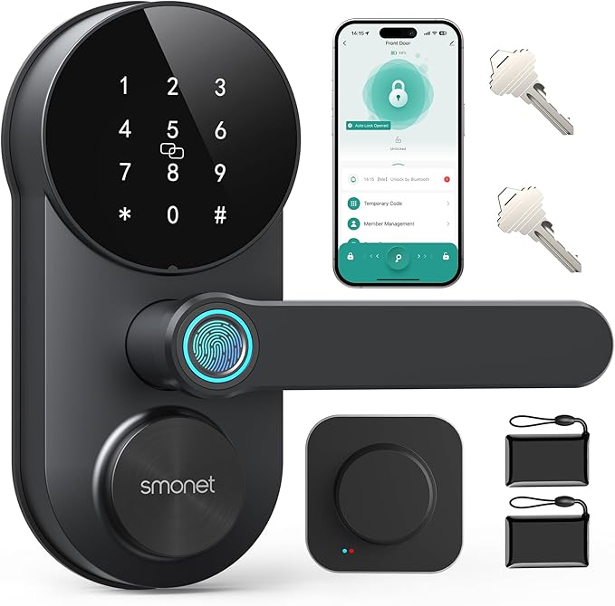 Smart WiFi Door Lock with Handle: SMONET Keyless Entry Lock with Fingerprint for Front Door Anti-peep Keypad Compatible with Alexa