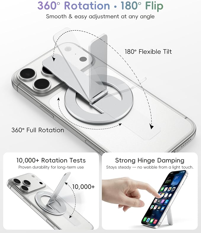 Magnetic Phone Stand Grip, 3-in-1 for MagSafe Phone Holder & Kickstand, Durable Silver Aluminum Grip, Ultra-Slim 2mm, 360�� Rotation, Detachable for MagSafe Charging, Works with iPhone 17���12