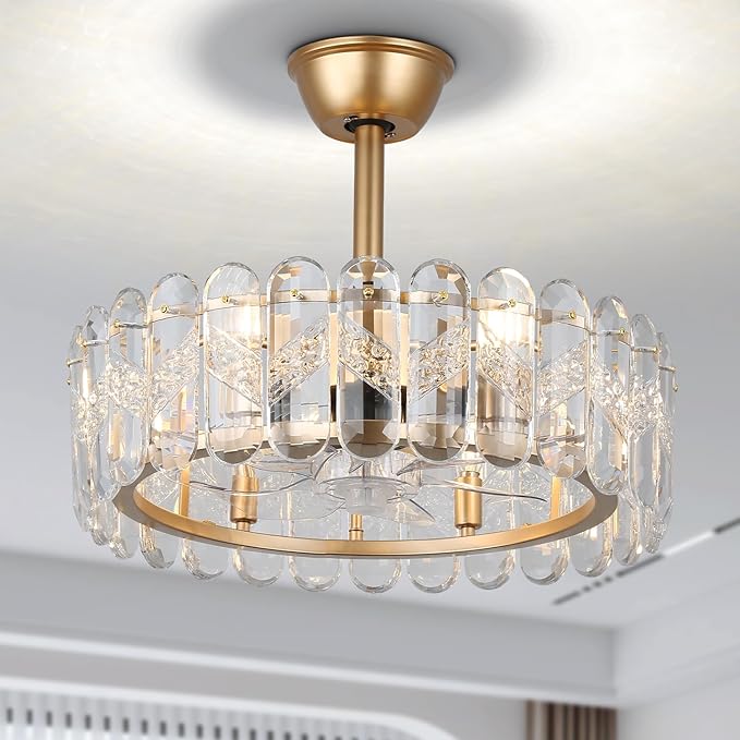 Finktonglan 20 Inch Gold Caged Ceiling Fan with Light, Crystal Chandelier Ceiling Fan with Lights Remote Control, Modern Crystal Fandelier 6 Speeds for Dining Room, Living Room