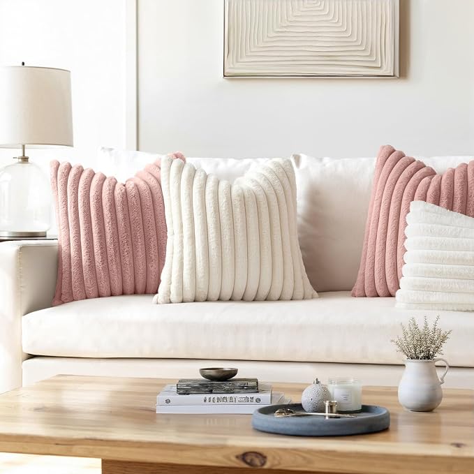 MIULEE Faux Fur Decorative Throw Pillow Covers 20x20 Set of 2 Blush Pink | Modern Cute Soft Plush Couch Pillows, Cozy Fluffy Cushion Covers for Sofa Bed Living Room Home Decor