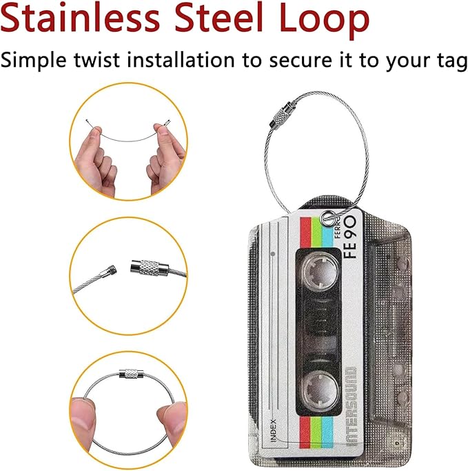 2 Pack Luggage Tags for Suitcase, Privacy Cover ID Label with Stainless Steel and Address Card for Travel Bag Backpack Cruise Ship Essentials Tag Women Men - Retro Cassette Tape