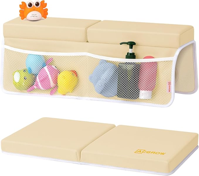 Bath Kneeler and Elbow Rest Pad Set - Comfortable 1.5” Thick Baby Bath Kneeler Pads with Toys Organizer, Non-Slip Knee Arm Support Bathtub Mat, Quick-Drying Kneeling Pad for Baby Bath Time