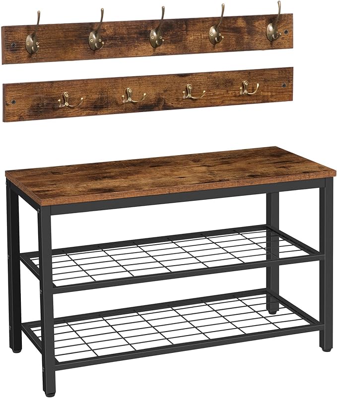 HOOBRO Hall Tree with Bench, Coat Rack Shoe Bench Set, Entryway Shoe Rack with Coat Hooks, Hall Tree Coat Rack, Mud Room, Industrial, for Foyer, Front Door, Rustic Brown BF07MT01
