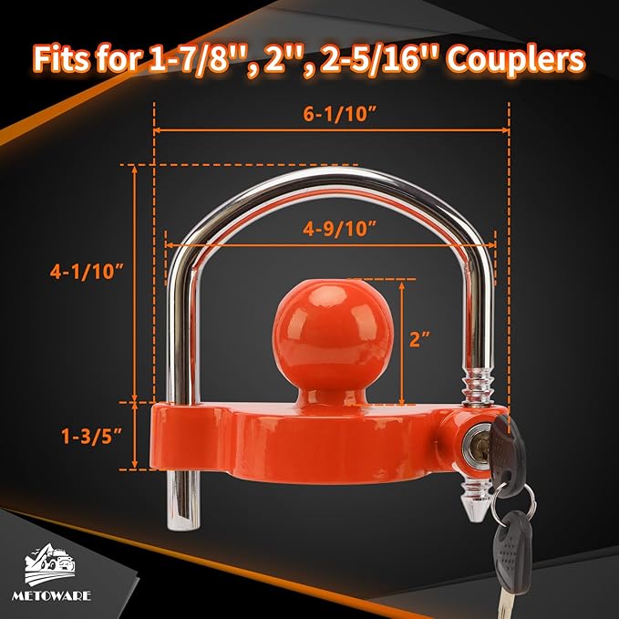METOWARE Trailer Coupler Lock Universal Adjustable Heavy-Duty Steel Trailer Hitch Lock, Anti Theft Trailer Ball Lock Towing Lock for Towing Trailer Security Fits 1-7/8",2”, 2-5/16" Coupler Orange
