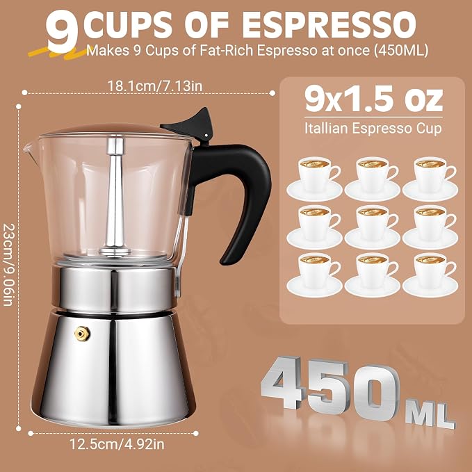 9 Cup 450ml Glass Moka Pot, Stovetop Espresso Maker, Silver | Crystal Glass-top & Stainless Steel Coffee Maker, Induction Compatible, for Greca de Cafe, Cuban and Italian Coffee Brewing