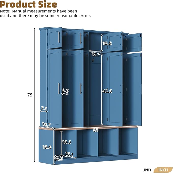 Hall Tree with Bench and Shoe Storage Compartments for Entryway, Particle Board Multi-Functional Cabinet with 4 Hanging Hooks, Blue
