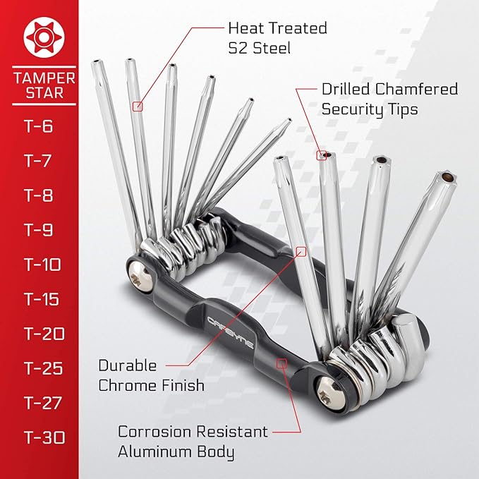 Carbyne 10-Piece Folding Tamper Proof Torx Wrench Set, T6 to T30 Sizes, Heat Treated S2 Steel, Security Tips