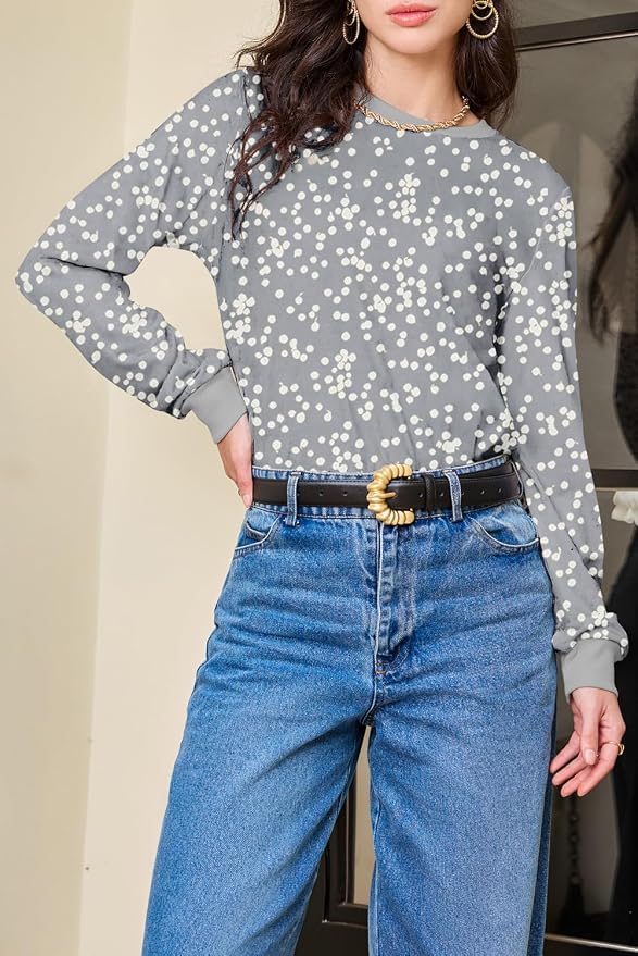 EVALESS Womens Crewneck Long Sleeve Tops Casual Polka Dots Tops Fall 2026 Tshirts Shirts