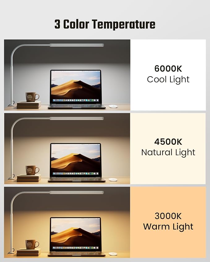 SUPERDANNY Eye-Caring LED Desk Lamp 360° Flexible Gooseneck Work Lamp with Desk Side Clamp Touch Control 3 Light Colors Smooth Dimming Task Lighting Reading Light for Home Office College Dorm, White