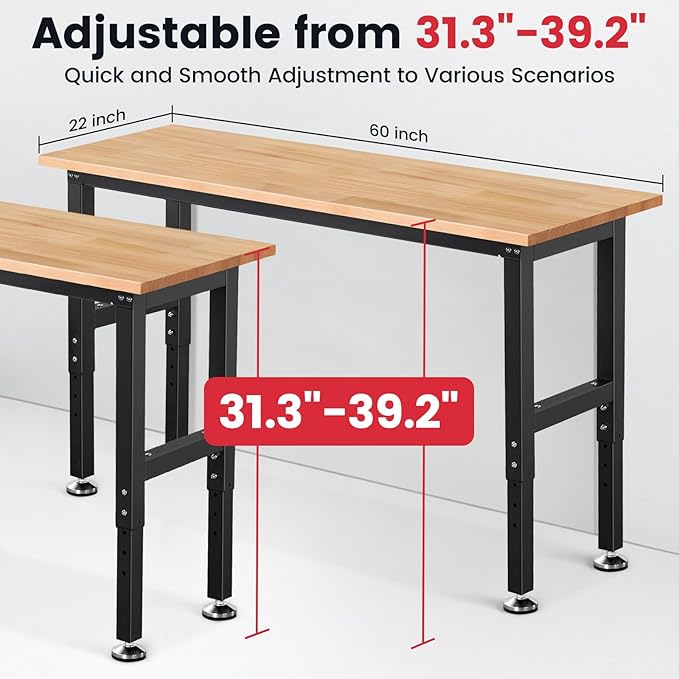 ENJOYWOOD 60" x 22" Heavy Duty Workbench Adjustable Height Garage Work Table with Solid Rubberwood Top for Workshop, Home & Office