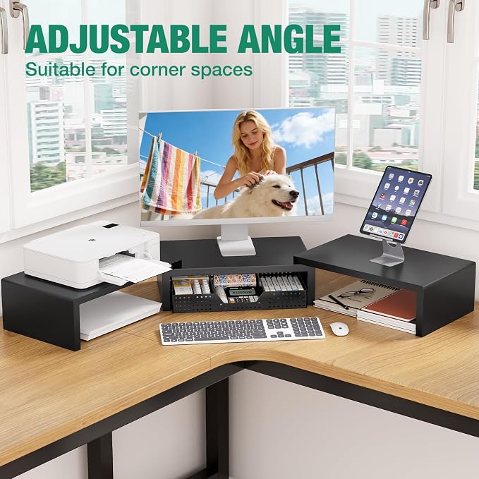 OPNICE Dual Computer Monitor Stand Riser, Desk Organizer with Drawer, Office Desk Accessories & Workspace Organizers for Home Office Supplies, Black