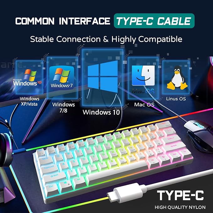 RK ROYAL KLUDGE RK61 Wired 60% Mechanical Gaming Keyboard Programmable QMK/VIA RGB Backlit 61 Keys Ultra-Compact Hot Swappable Brown Switch White