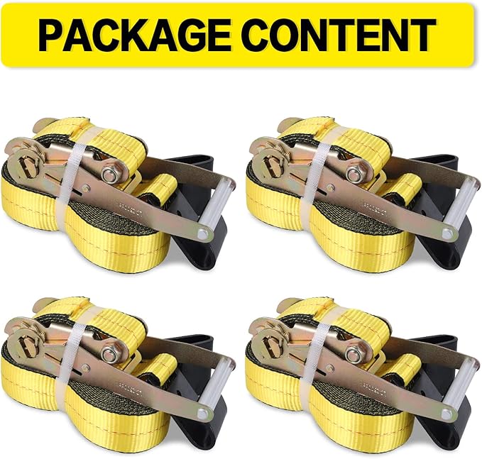 Flat Hook Ratchet Straps-Tie Down Straps Heavy Duty-2 Inch x 27 Feet-Weather Resistant Strap -3,333 Pound Working Load Limit-for Flatbed, Truck, Trailers Pickup(4 Pack) Yellow