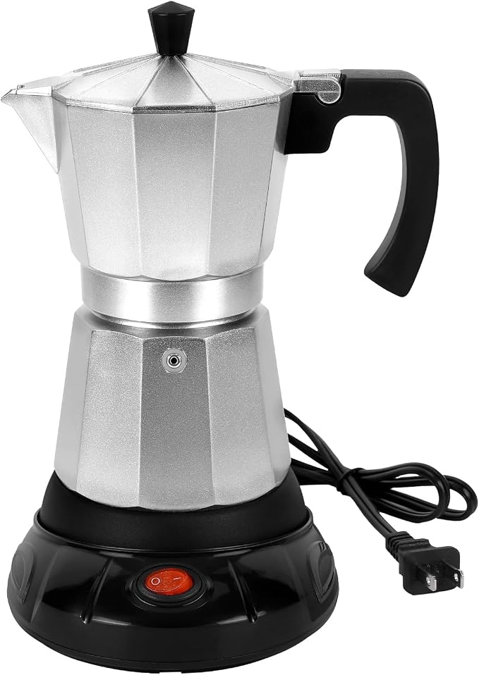Electric Moka Pot, 3 or 6 Cup Espresso Coffee Maker, Silver | Food-grade aluminum, dose reduction plate, boil-dry protection, auto-stop, detachable base, for Cuban and Italian coffee
