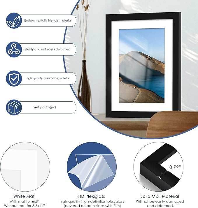 6x8 Picture Frame Set of 6, Wall or Tabletop Display, Black | Display 5x7 with Mat or 6x8 Without Mat, Horizontal or Vertical, Gallery Wall Frame Set for Wedding & Room & Home Decor