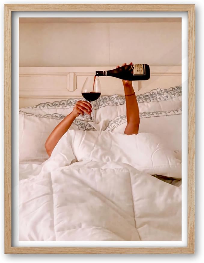 EcoHest 12x16 in Woman Drinking Wine in Bed Framed Wall Art for Bedroom | Natural Oak Wood Frame with Canvas Wall Art, Feminist Wine Wall Decor for Bathroom, Apartment, Dorm, College Room, 1Pack