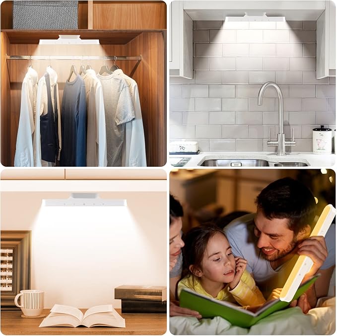 Under Cabinet Lights Wireless, Under Counter Lights for Kitchen Touch Control, Magnetic Closet Lighting, Rechargeable USB-C Battery Powered Lights, Dimmable Color Temperature/Brightness(2Pcs)