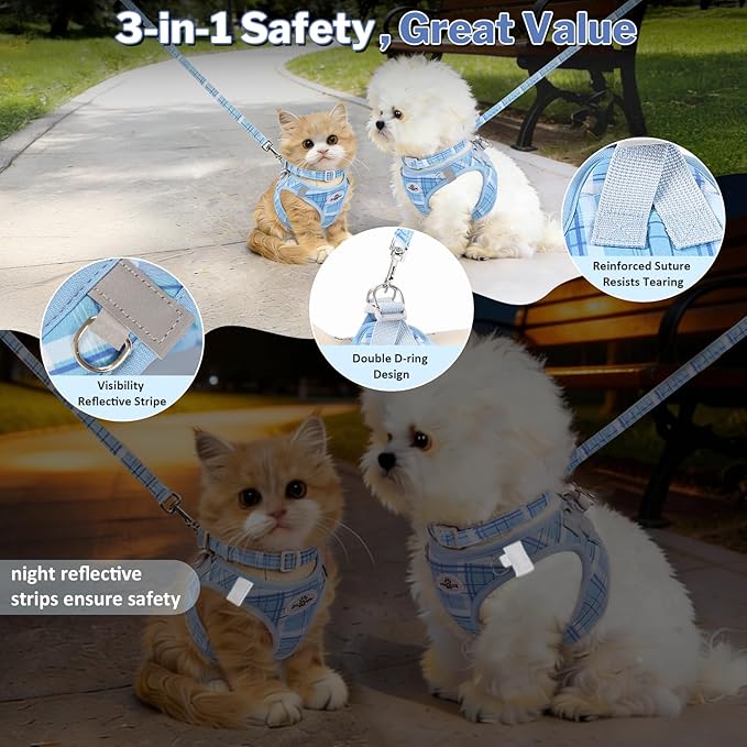 Gyuzh Small Dog Harness and Leash Set for Puppy & Kitten - 3-in-1 No Pull Step in Vest Collar, Lightweight Reflective Plaid, Padded Handle (Blue, XS)