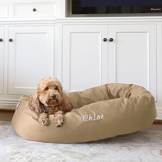 Majestic Pet Personalized Calming Dog Bed - 32 Inch Bagel Washable Cozy Soft Round With Spine Support - Fluffy Donut 32x23x7 (Inch) Medium Khaki