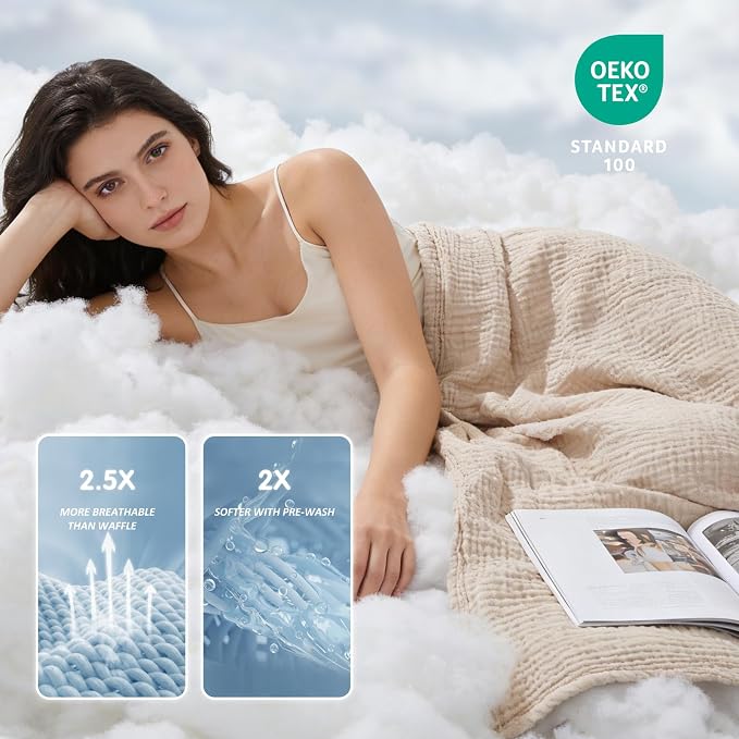 EMME Cotton Muslin King Blanket Breathable Gauze Soft Lightweight Blankets Adults Gifts for Women (Heather Beige, 108"x90")