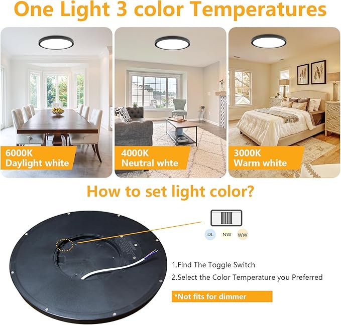 Led Flush Mount Ceiling Light,9 Inch 18w 1860lm,3000k/4000k/6000k 3CCT Selectable, Round Modern Flat Panel Super Slim Led Ceiling Light,for Living Dining Kitchen Bedroom Room (6Pack-Black)