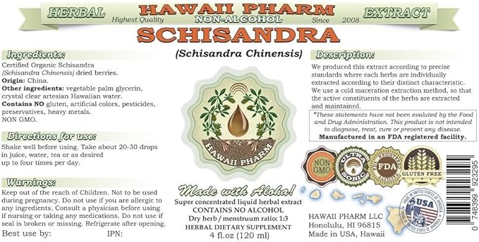 Schisandra Alcohol-Free Liquid Extract, Organic Schisandra (Schisandra Chinensis) Dried Berry Glycerite Natural Herbal Supplement, Hawaii Pharm, USA 2x2 fl.oz