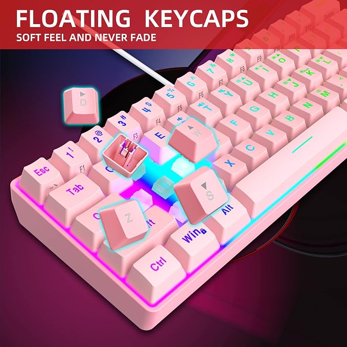 Snpurdiri 60% Wired Gaming Keyboard, 61 Keys RGB Backlit Ultra-Compact Mini Gaming Keyboard for PC/Mac Gamer, Typist, Travel, Easy to Carry on Business Trip(Pink) | Backlit Ultra-Compact Mini Gaming Keyboard for PC/Mac Gamer, Typist, Travel, Easy to Ca...