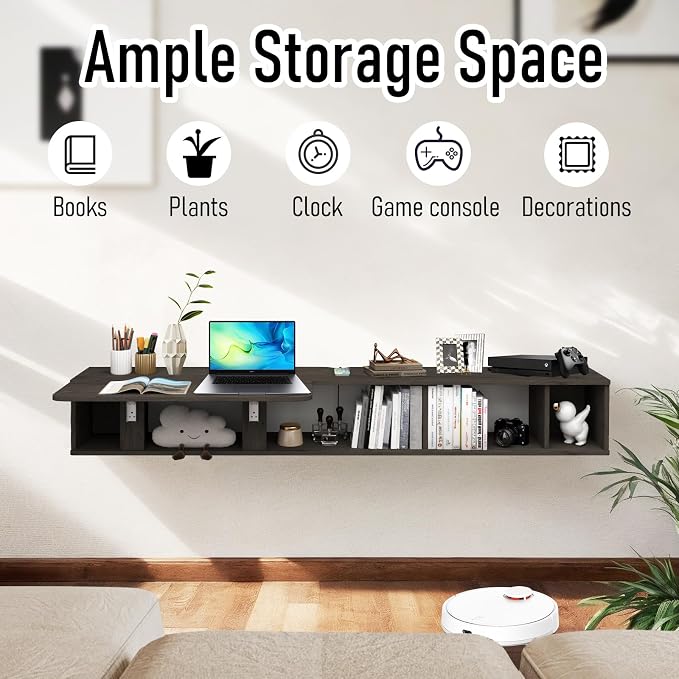 Pmnianhua 63'' Floating Desk with Storage Shelves,Wall Mounted Desk Laptop Computer Writing Study Table for Bedroom Small Space(Dark Grey)