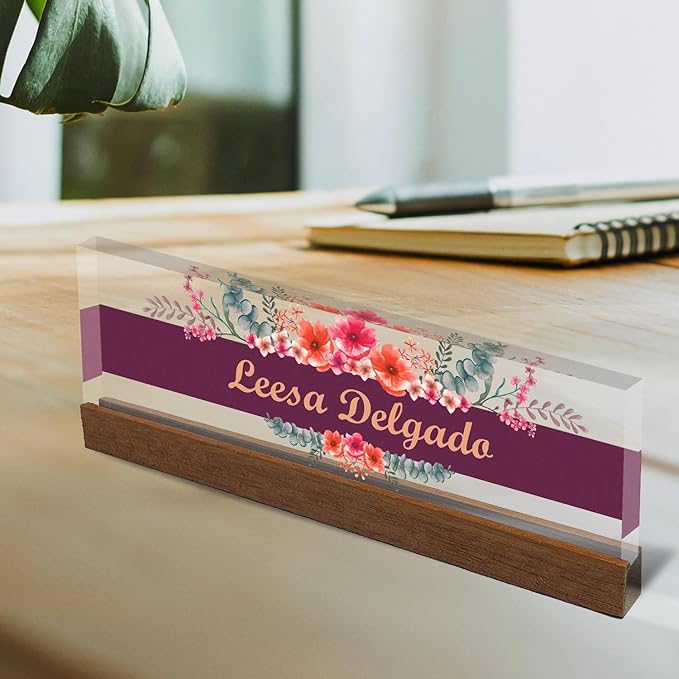 Artblox Personalized Office Desk Name Plate and Business Card Holder | Clear Acrylic Glass with Teak Wood Stand | Wild Flowers Design Customized with Your Name and Credentials Office Desk Decor