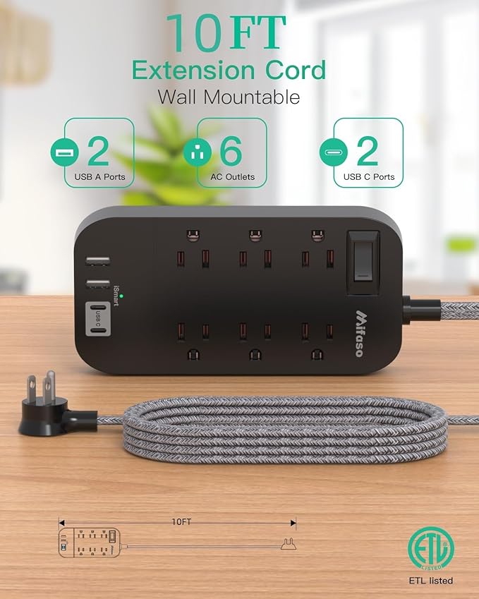 Power Strip - 10 FT Long Flat Plug Extension Cord, 6 Outlets 4 USB Ports (2 USB C) Outlet Extender, Wall Mount, Desktop Charging Station for Home, Office and Dorm Essential, Black