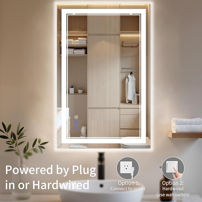 24"x30" LED Bathroom Mirror with Lights, Anti-Fog, Backlit + Front Lit, Dimmable, Led Vanity Mirror for Wall, Lighted Bathroom Mirror, 3 Colors, Shatter-Proof Tempered Glass