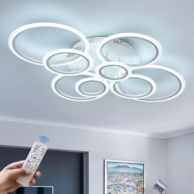 Modern LED Ceiling Light 41inch with Remote Dimmable 8 Ring White Flush Mount Ceiling Light Fixture for Living Room Bedroom Kitchen Dining Room