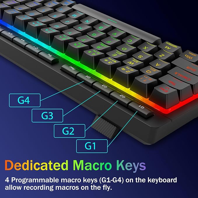 Redragon Wireless Gaming Keyboard, RGB Backlit, Portable 60% Design, Black | Bluetooth/2.4GHz/USB-C Wired, Mini Quiet Macro Membrane Keyboard, Rechargeable 4000mAh Battery, Anti-Ghosting for Win/MAC