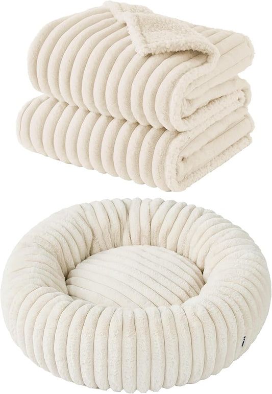 Bedsure Donut Large Dog Bed 23x23x7 inches with Waterproof Dog Blankets for Medium Dogs 25"x35", Cream