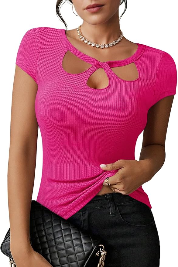 Pink Queen Sexy Tops for Women Cutout Keyhole Neck Cap Sleeve Shirts Casual Summer Clothes 2026 Fashion