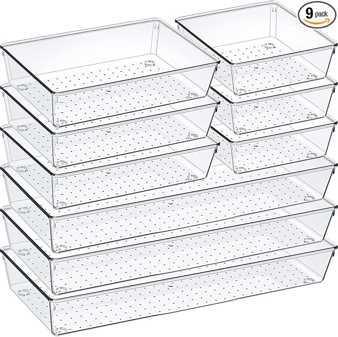 9 Pack Clear Plastic Drawer Organizer Set, Acrylic Non Slip Non Cracking Kitchen Drawer Storage Tray Large Size Divider, Multifunctional Storage for Cosmetics, Bathroom, Tools, Kitchen and Office
