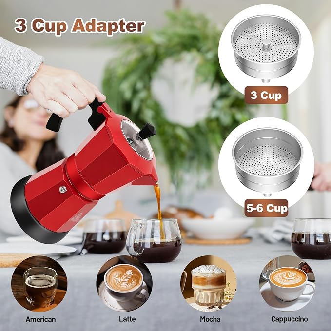Electric Aluminum Moka Pot 3-6 Cup 150-270ml Espresso Maker | with Detachable Base Ideal Coffee Makers for Home MochaPot Italian and Cuban Café Coffeemaker Espressomaker CoffeePot Red