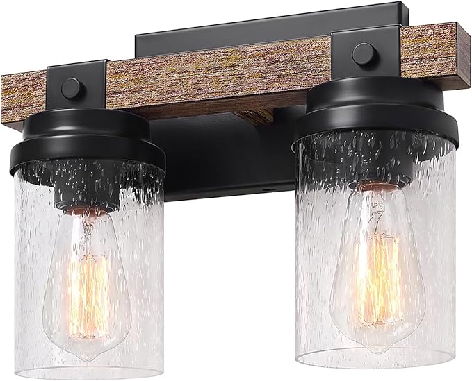 2-Light Farmhouse Vanity Lights for Bathroom, Rustic Bathroom Light Fixtures with Pretty Glass Shade, Rustic Vanity Light for Mirror, Black Wood Wall Sconces for Hallway Bedroom Living Room
