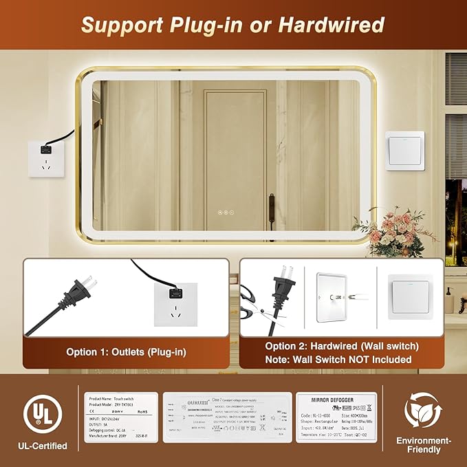 32x55 Inch Gold Framed LED Bathroom Mirror with Lights, Built-in Bluetooth Speaker,Tempered Glass,Dimmable Lighted Bathroom Vanity Mirror with 3 Colors, Backlit + Frontlit, Memory, Anti-Fog