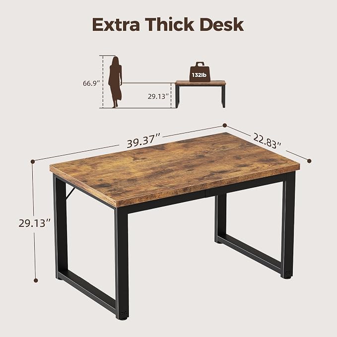 Mericonia 40 Inch Computer Desk, 1.2" Thick Small Office Table, Brown | Modern Simple Style, Heavy Duty Industrial Frame, Small Study & Writing Table for Home Bedroom Work