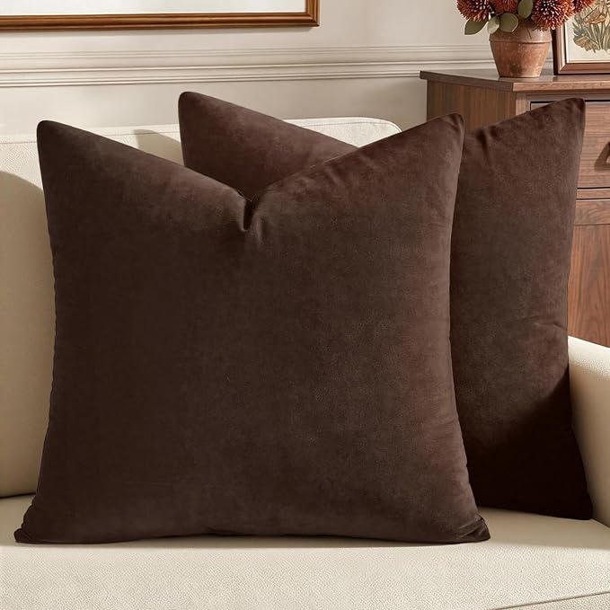 MIULEE 24x24 Inch Pack of 2 Euro Velvet Throw Pillow Covers Chocolate Brown | Soft Solid Decorative Euro Sham, Modern Luxury Home Decor, for King Bed Sofa Couch Bedroom Livingroom