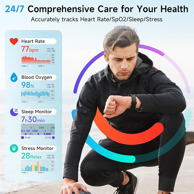Smart Watches for Men Women, Alexa Built-in, 1.8" Smartwatch with Heart Rate/SpO2/Sleep/Stress, IP68 Waterproof Fitness Tracker with Bluetooth Call (Answer/Make), 101+ Sports Modes, for Android iPhone