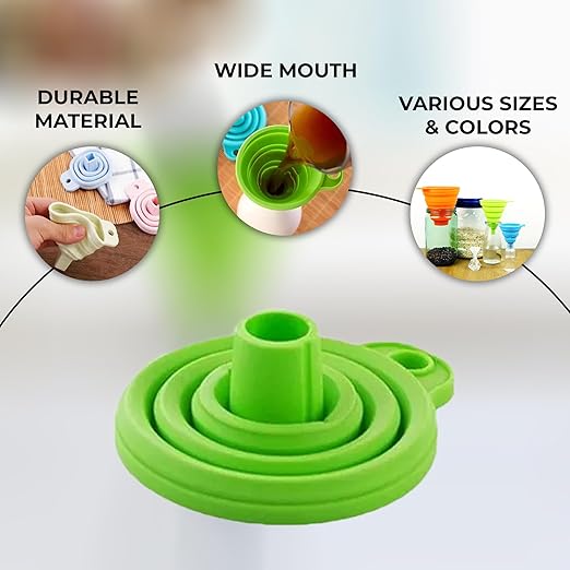 Foldable Silicone Kitchen Funnel - Easy to Carry - Heat Resistant, Non-Toxic & Odorless Wide Mouth Food Grade Gadget - Perfect for Transferring Liquid, Powder & Dry Ingredients | Set of 4