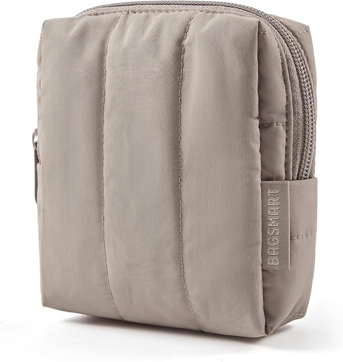 BAGSMART Small Makeup Bag for Women with Slip-in Pocket, Greige | Zipper Pouch, For Purse, Toiletry Pouch, Puffy Padded Mini Cosmetics Bag, Travel Essentials, Cute Make Up Organizer